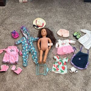 Our Generation Doll with brown hair and green eyes with 4 outfit bundle